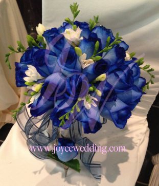 blue roses with freesia bridal bouquet 13